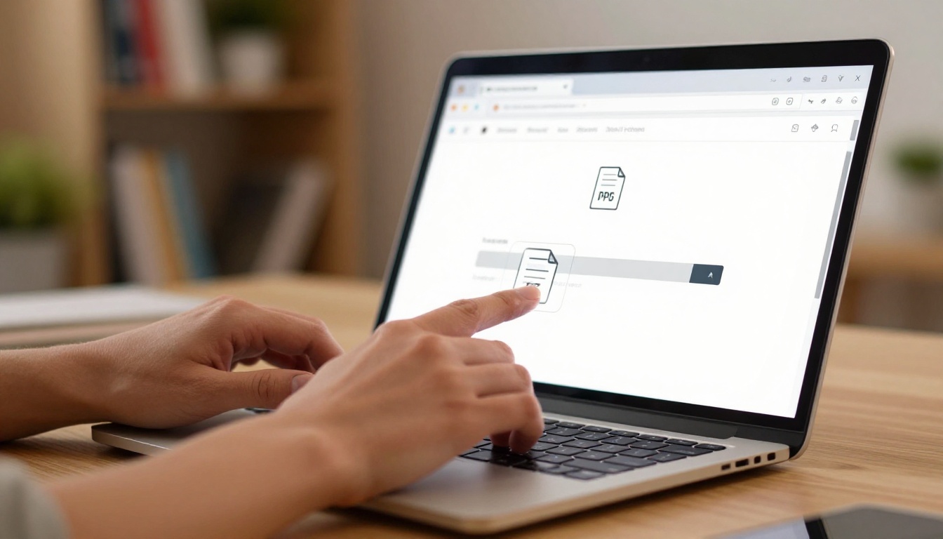 Hands uploading a PDF file to browser upload interface on laptop