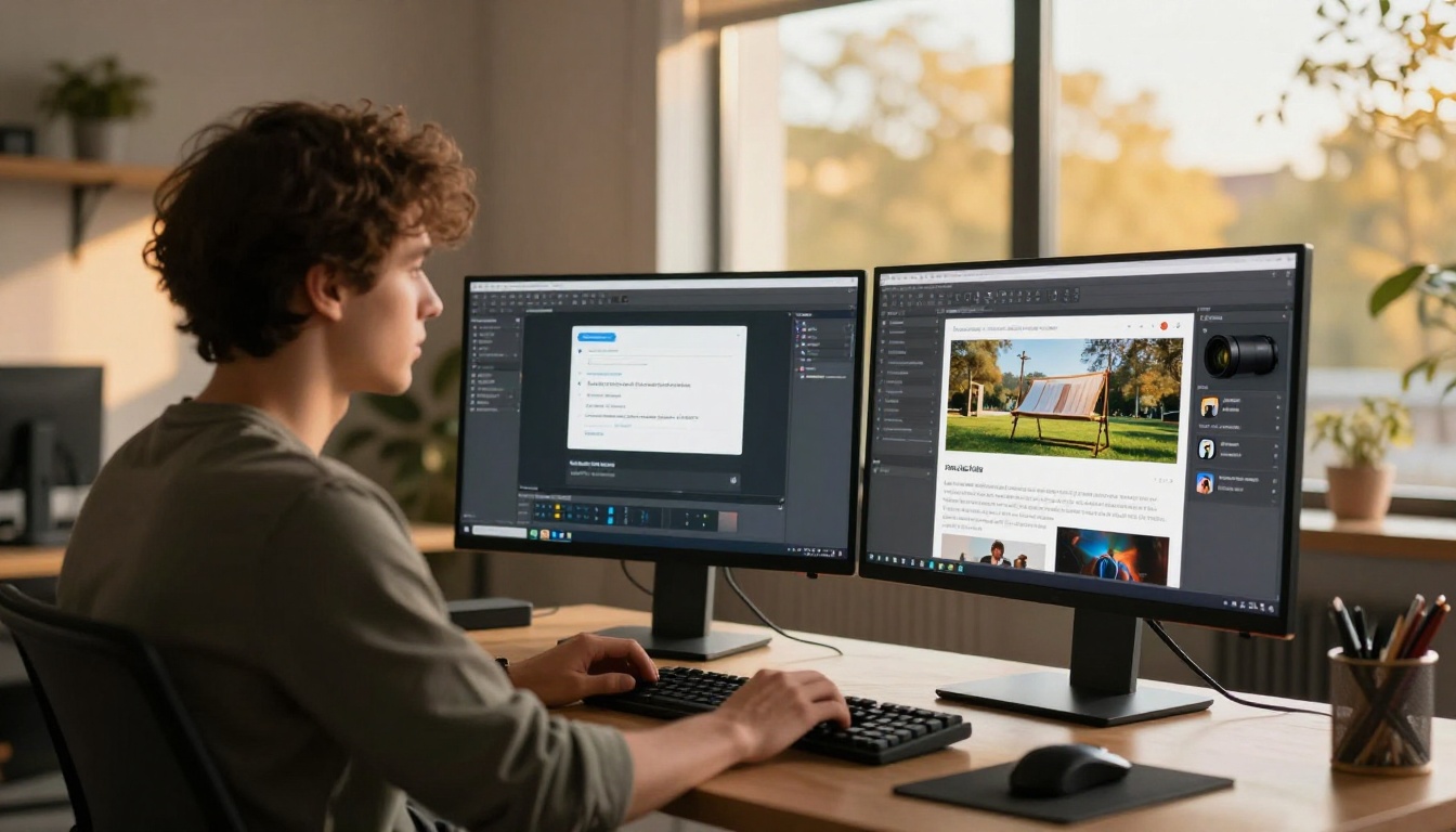 Developer at dual-monitor workstation with WordPress Gutenberg editor open