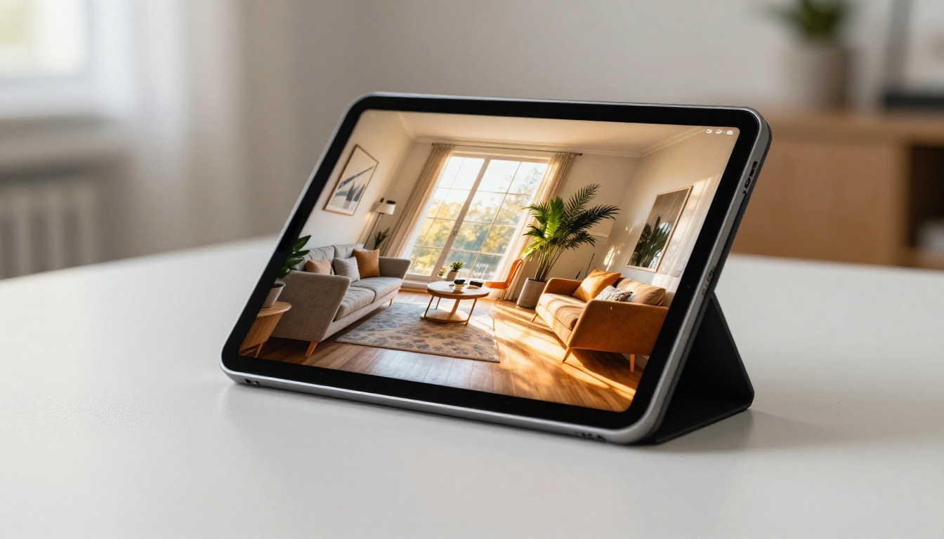 Tablet on modern desk showing a digital flipbook with page mid-turn