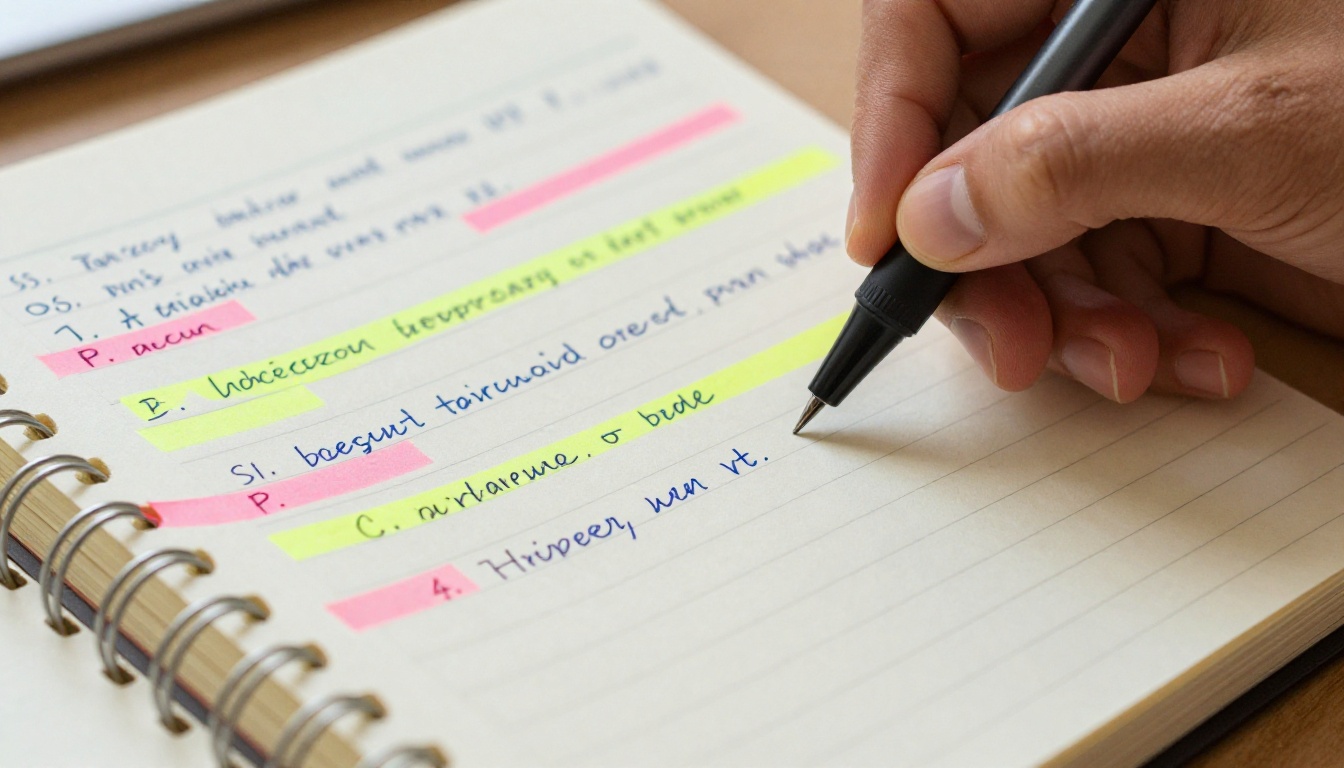 Close-up of organized handwritten study notes with color-coded highlighters Close-up of organized handwritten study notes with color-coded highlighters