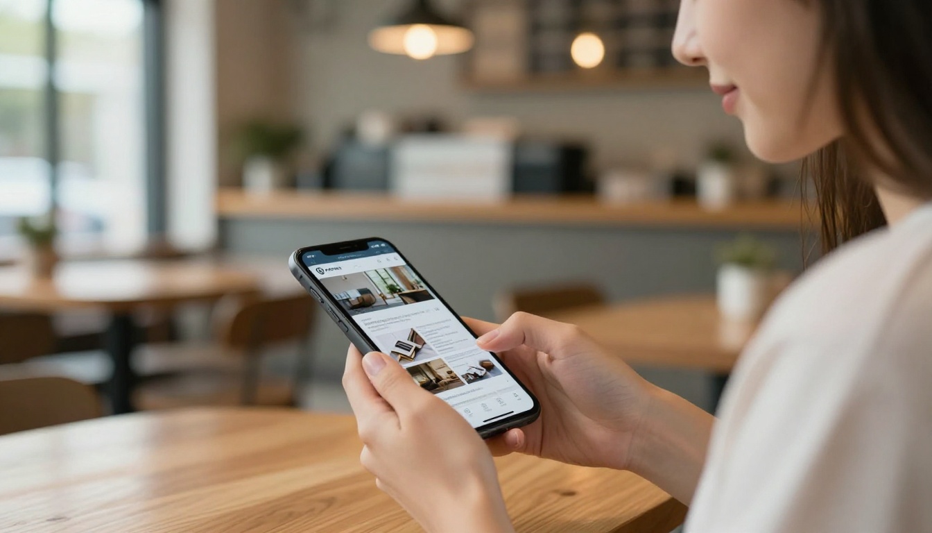 Woman browsing a WordPress flipbook site on her smartphone in a cafe