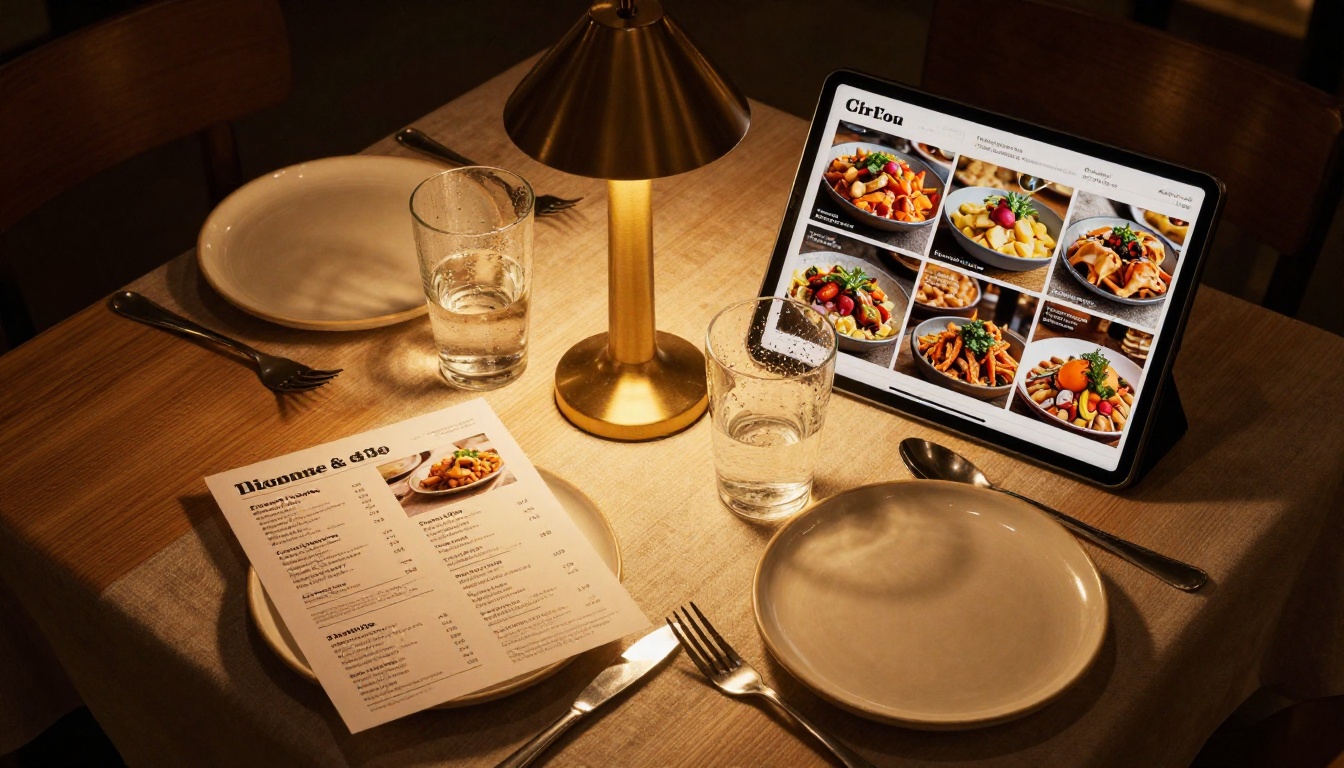 Restaurant table with printed menu next to a tablet displaying the same menu as a digital flipbook