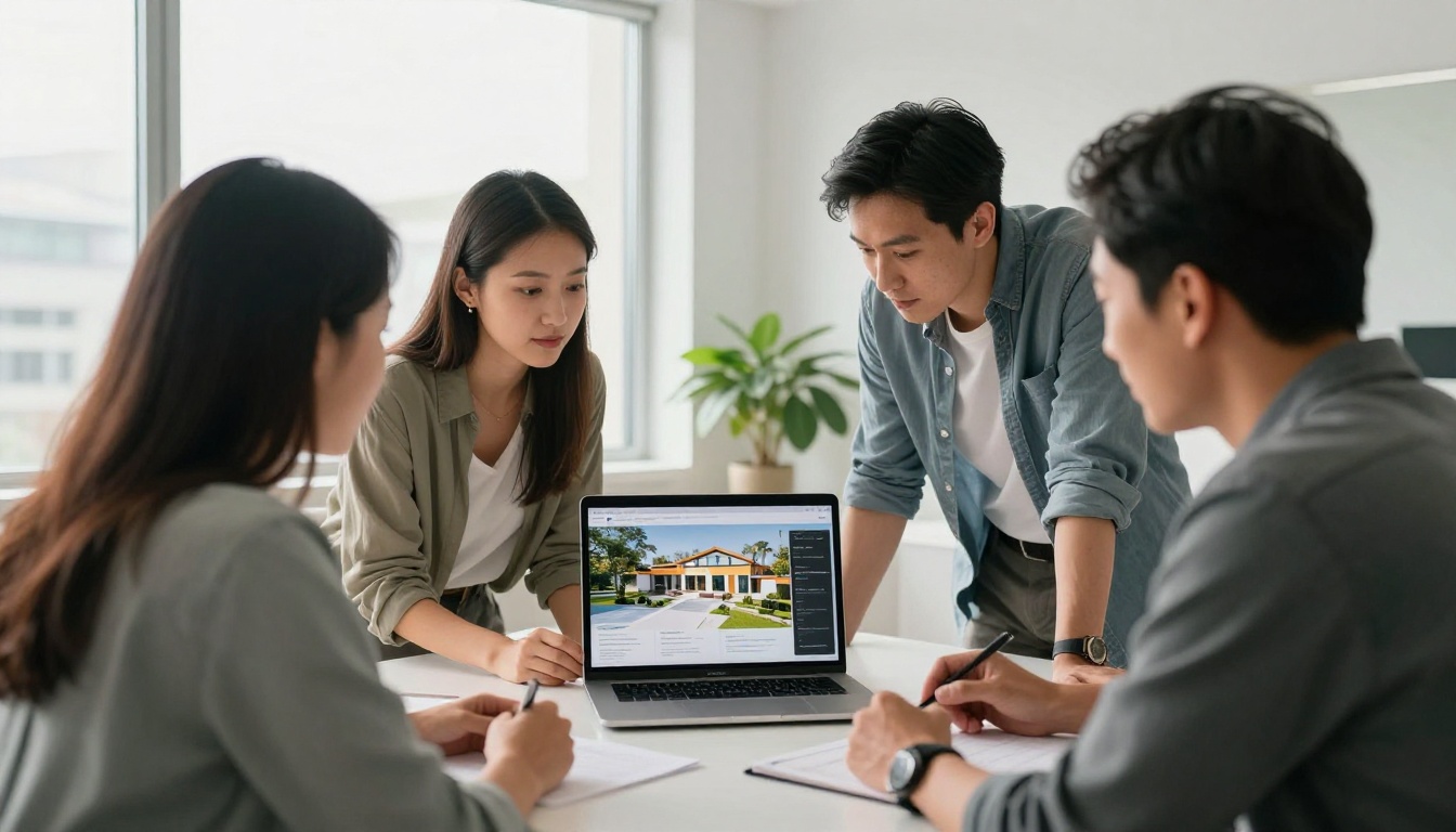 Real estate agent showing interactive digital property brochure flipbook to a client in a modern office