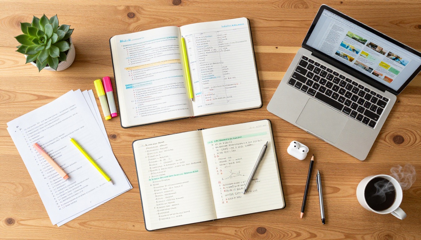 Aerial flat-lay of organized study desk with notebooks, highlighters, and laptop Aerial flat-lay of organized study desk with notebooks, highlighters, and laptop