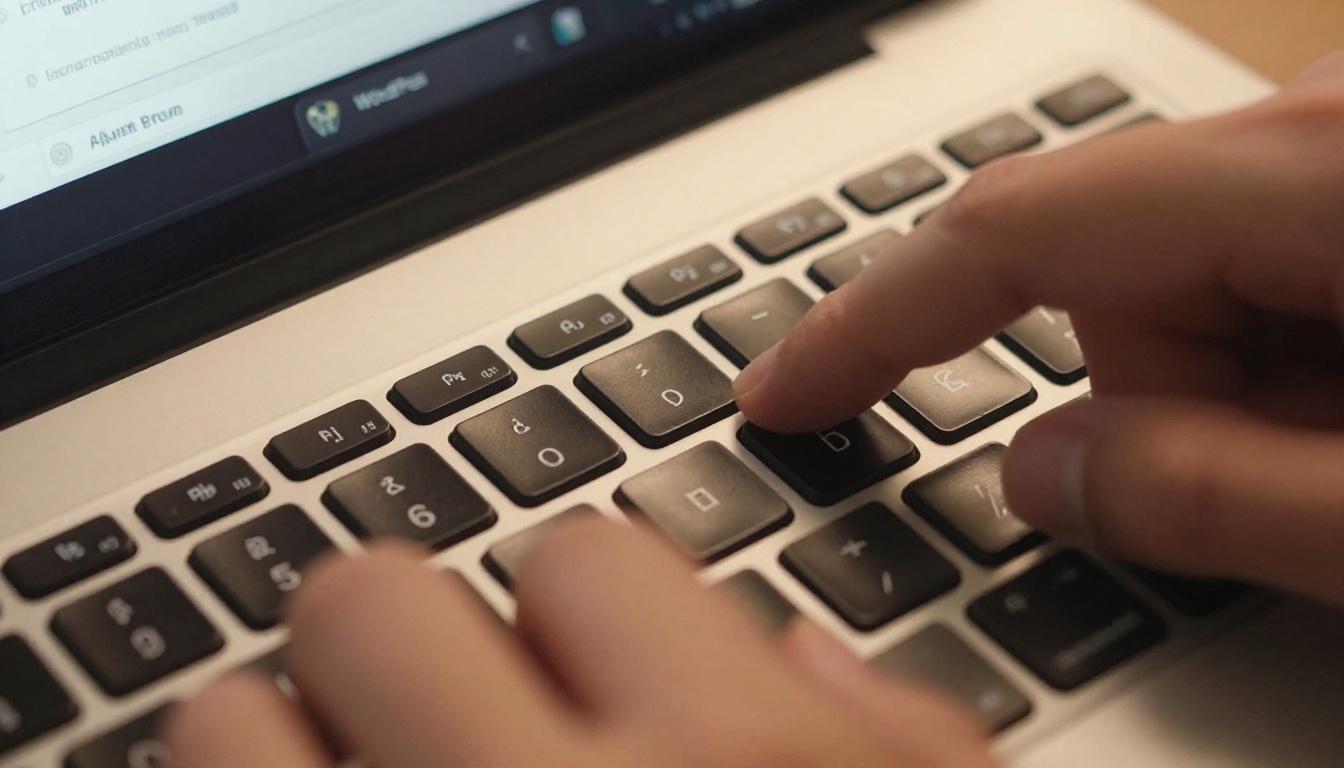 Close-up of fingers hovering over laptop keyboard with WordPress plugin page in background