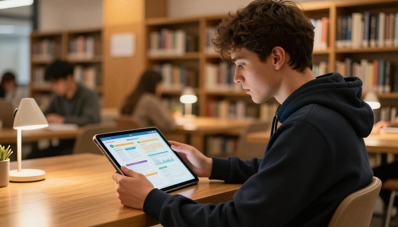Young male student in library holding tablet showing colorful digital study flipbook Young male student in library holding tablet showing colorful digital study flipbook