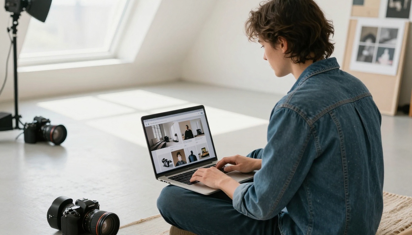 Photographer sitting cross-legged on studio floor with laptop showing portfolio flipbook