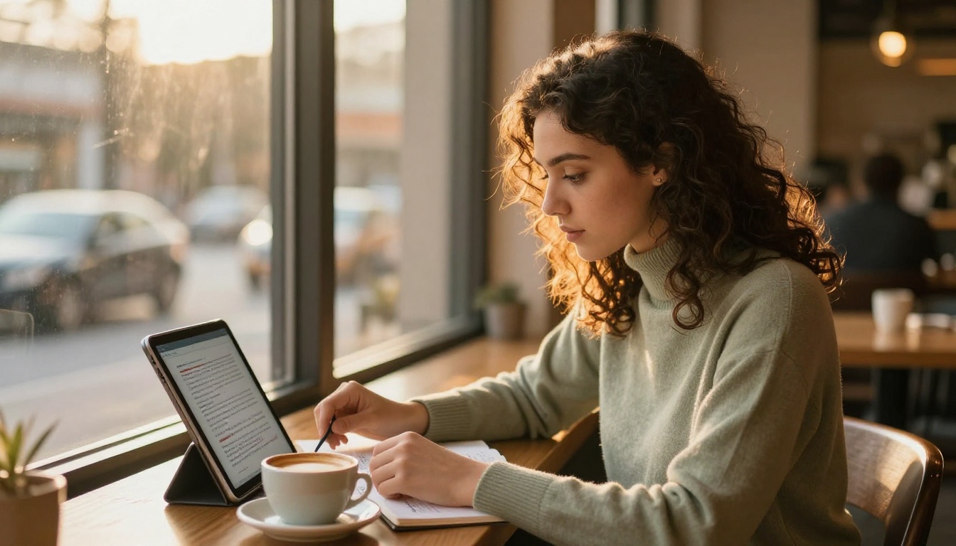 Female student studying alone at café window seat with tablet and latte