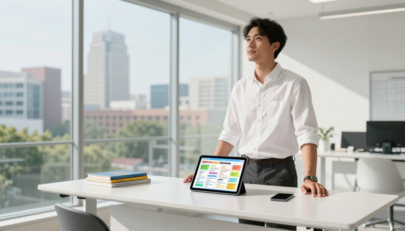 Confident male student at standing desk holding tablet with study flipbook