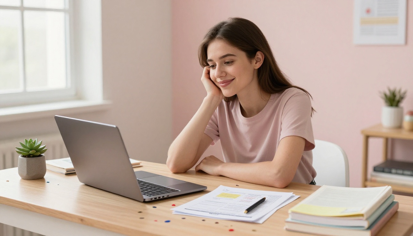 Female student at clean desk with satisfied expression after successful studying