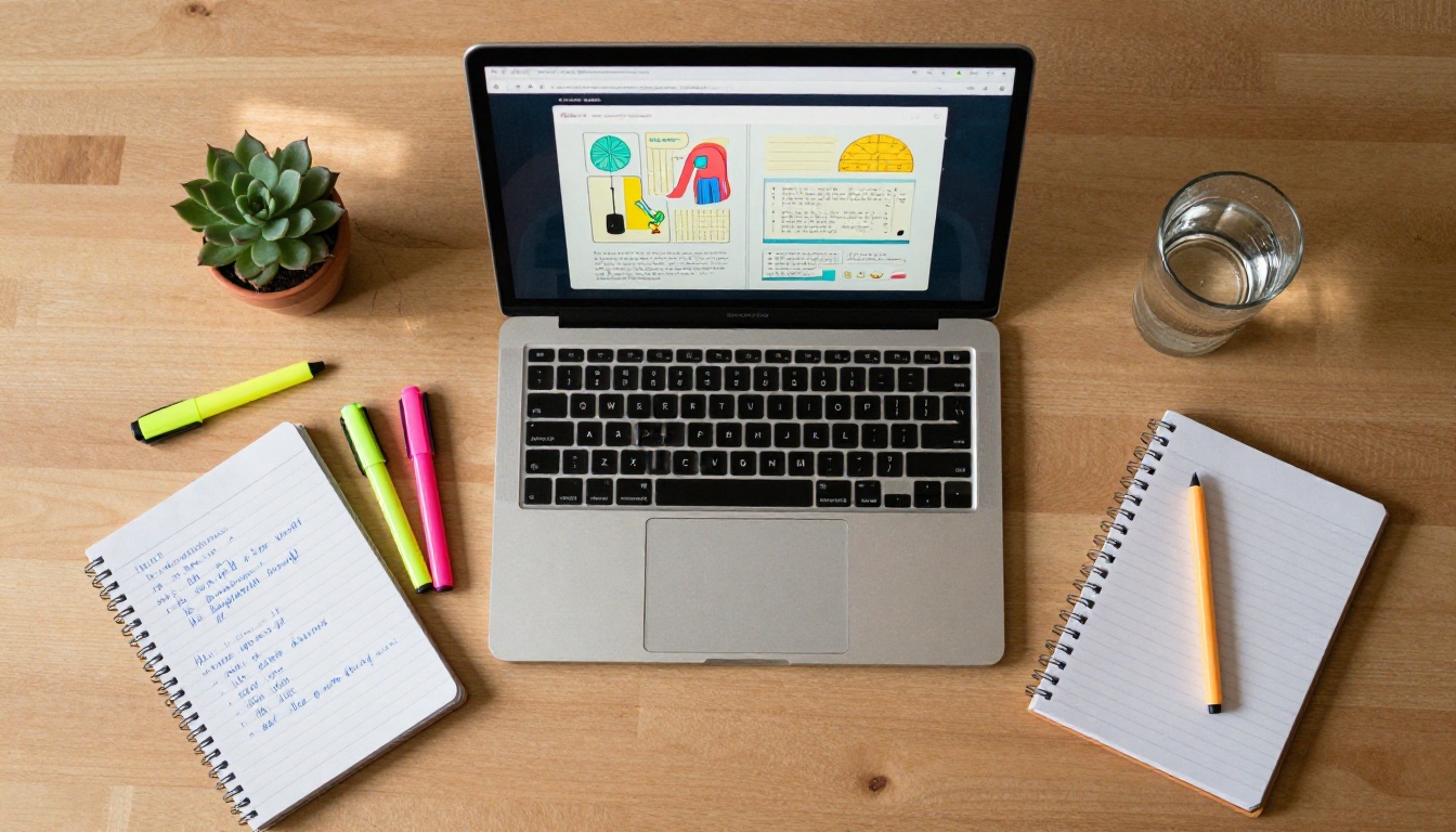 Flat lay of student study desk with flipbook interface