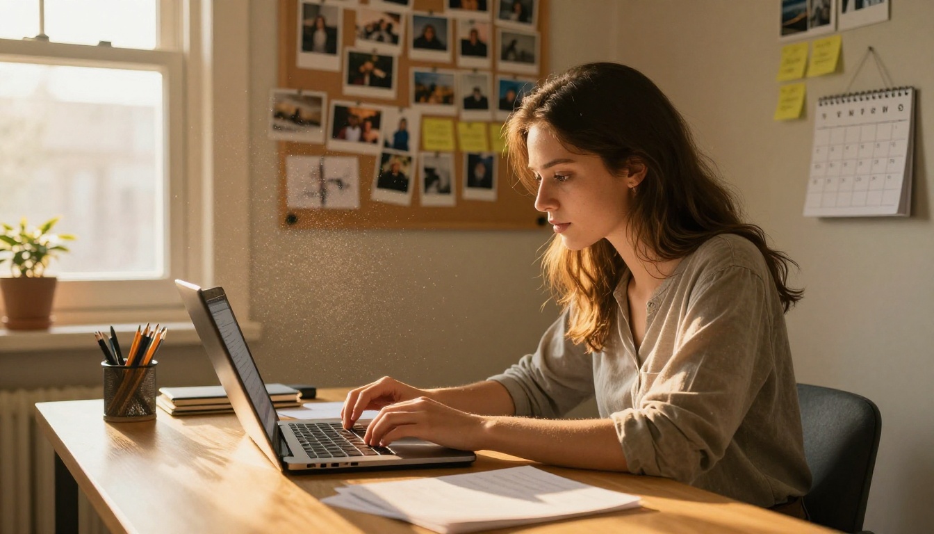Female student creating digital portfolio at home desk