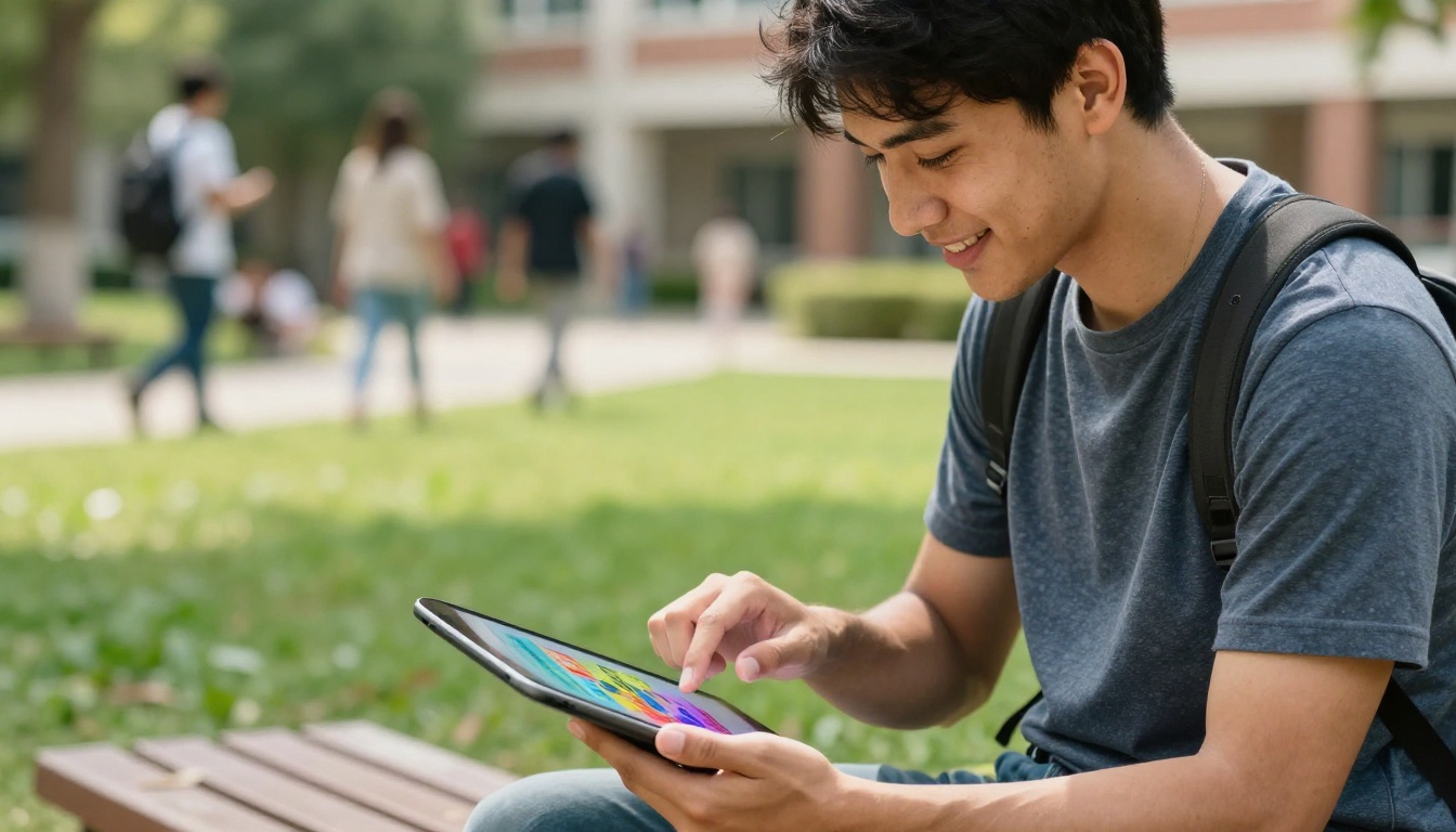 Student on campus bench viewing flipbook on tablet