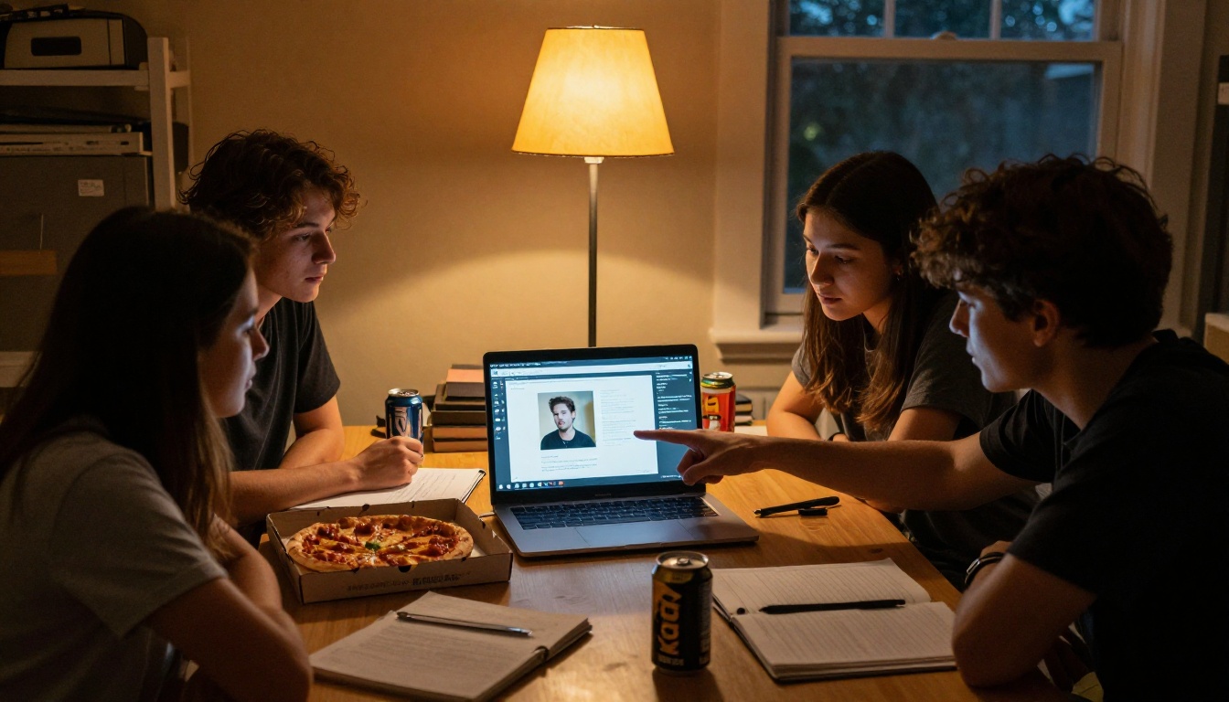 Study group in dorm room reviewing flipbook project