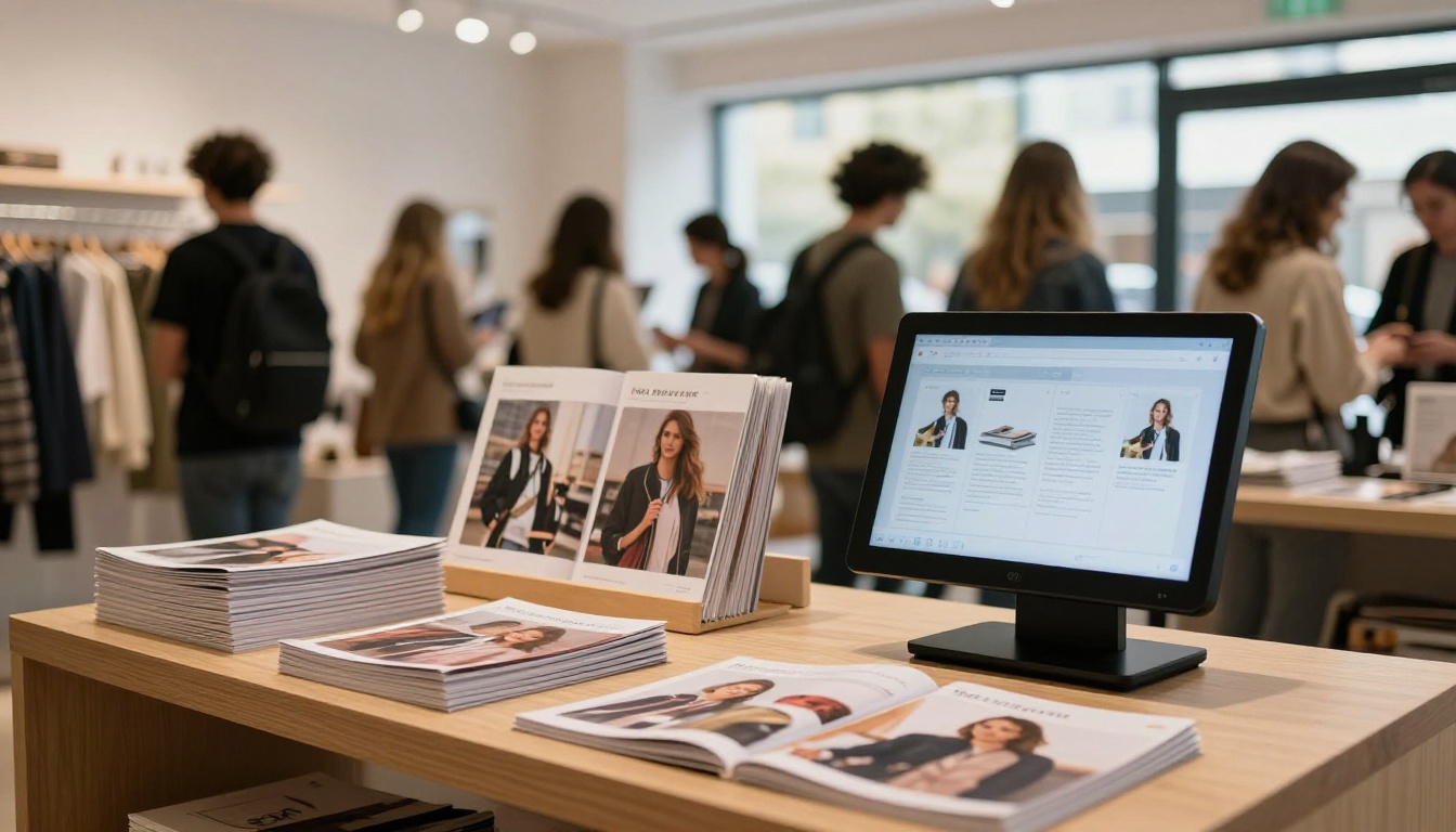 Retail fashion boutique with printed catalog stack beside digital touchscreen kiosk displaying flipbook, customers browsing