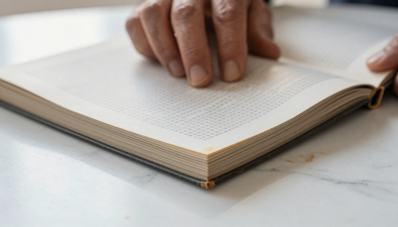 Hands turning pages of a worn printed product catalog on a marble desk, natural window light, close-up detail