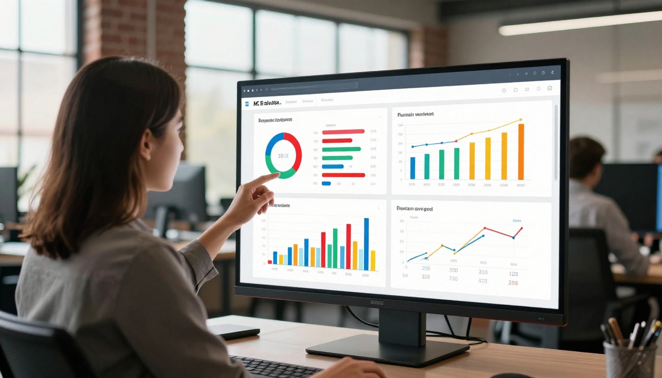 Business professional presenting flipbook analytics dashboard with colorful charts on large office monitor
