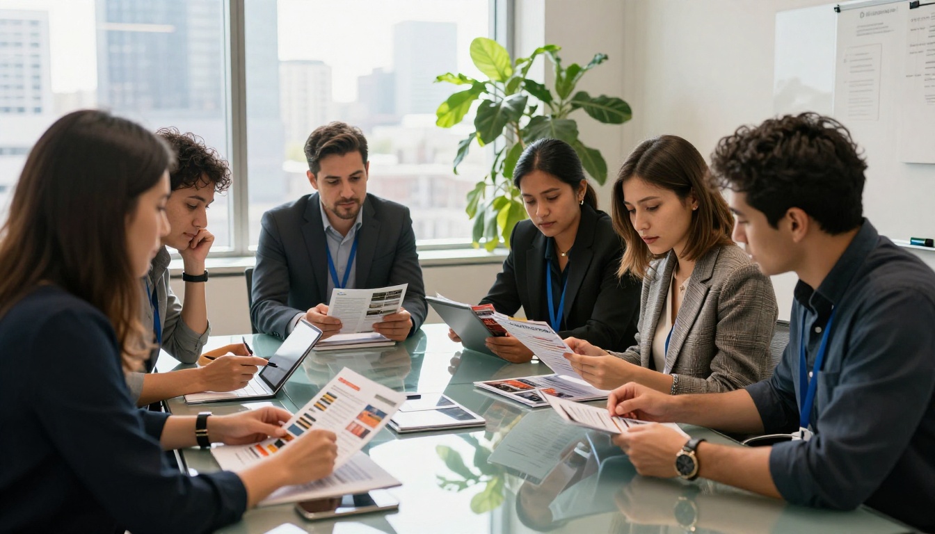 Marketing team gathered around conference table comparing printed catalogs and digital tablets in modern office
