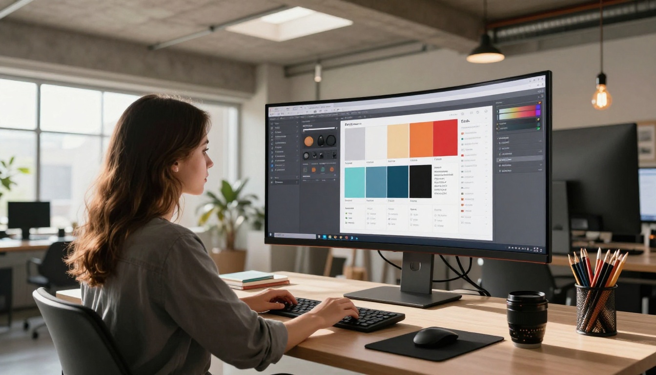 Graphic designer customizing digital catalog template on dual curved monitors in creative studio with skylights