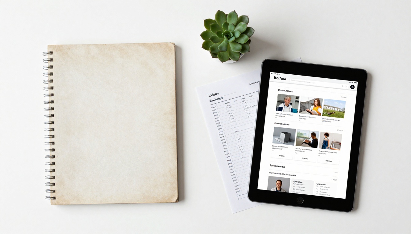 Flat lay overhead view of printed catalog beside tablet showing digital catalog, cost papers and succulent on white surface