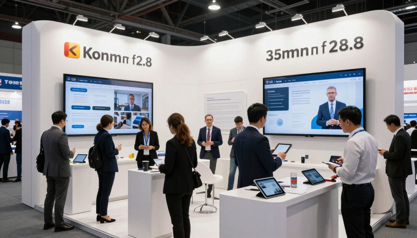 B2B trade show exhibition booth with large screens showing interactive digital catalogs and sales representatives with tablets