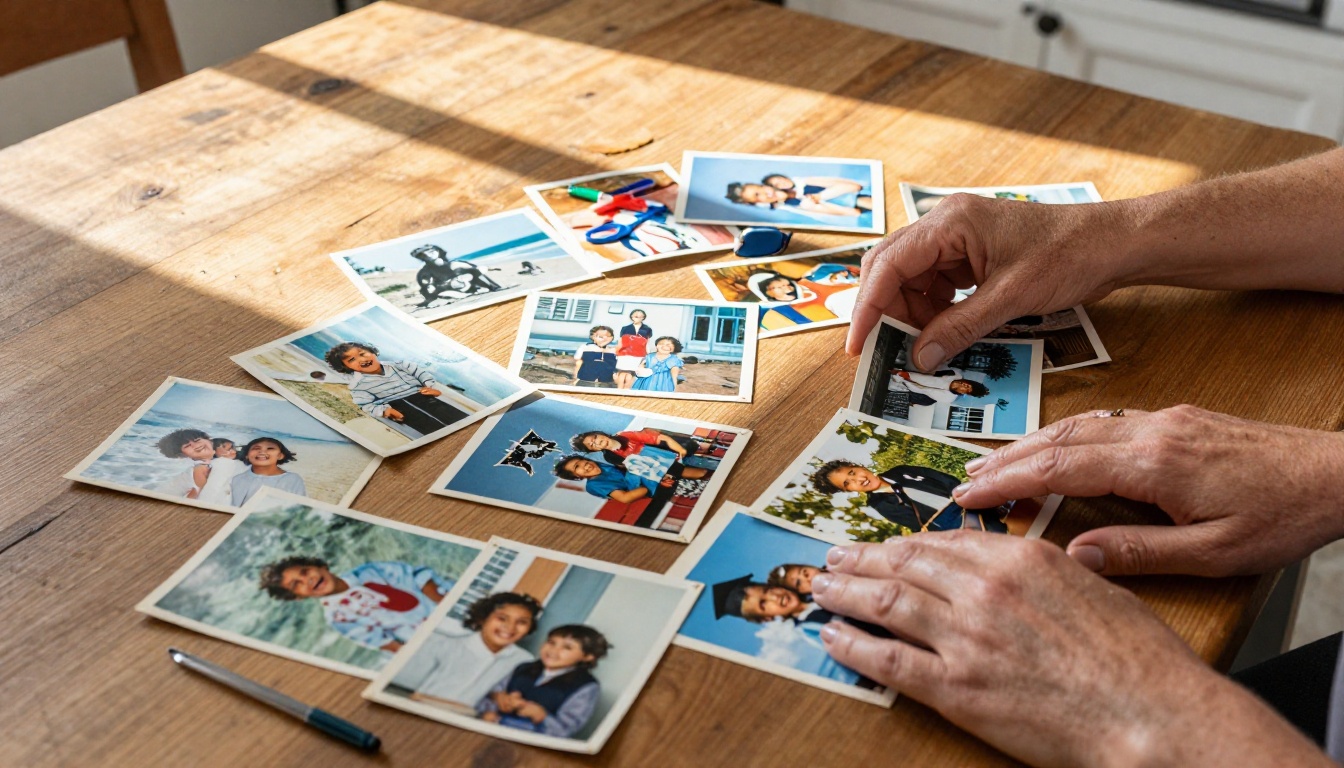 Hands carefully sorting and arranging a curated collection of vintage and modern photographs across a rustic oak kitchen table Hands carefully sorting and arranging a curated collection of vintage and modern photographs across a rustic oak kitchen table