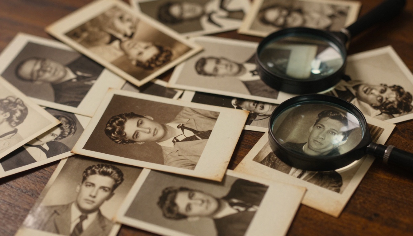 Vintage photo collection spread across a dark walnut tabletop with overlapping prints from different decades Vintage photo collection spread across a dark walnut tabletop with overlapping prints from different decades