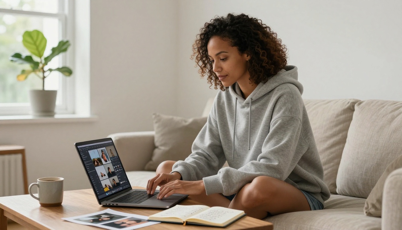 Woman sitting cross-legged on a linen couch with a laptop open showing a grid of digital photo thumbnails Woman sitting cross-legged on a linen couch with a laptop open showing a grid of digital photo thumbnails