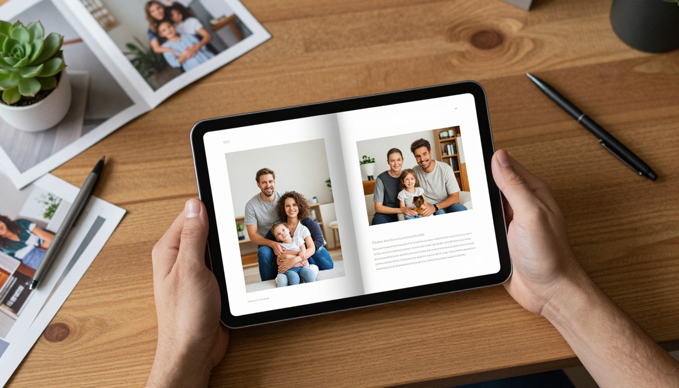 Aerial overhead shot of hands holding a tablet displaying a beautifully designed digital flipbook with family photos