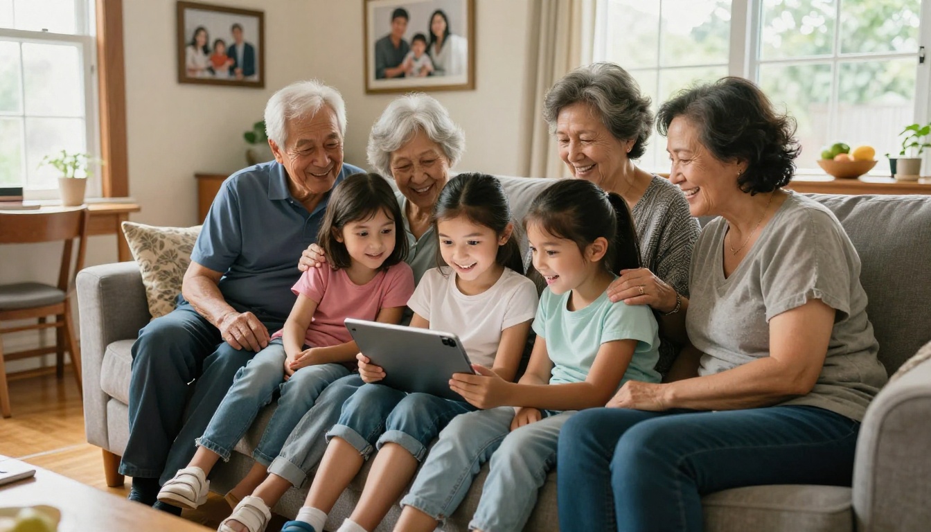 Multigenerational family gathered closely on a grey sofa looking at a tablet screen together with warm expressions of joy