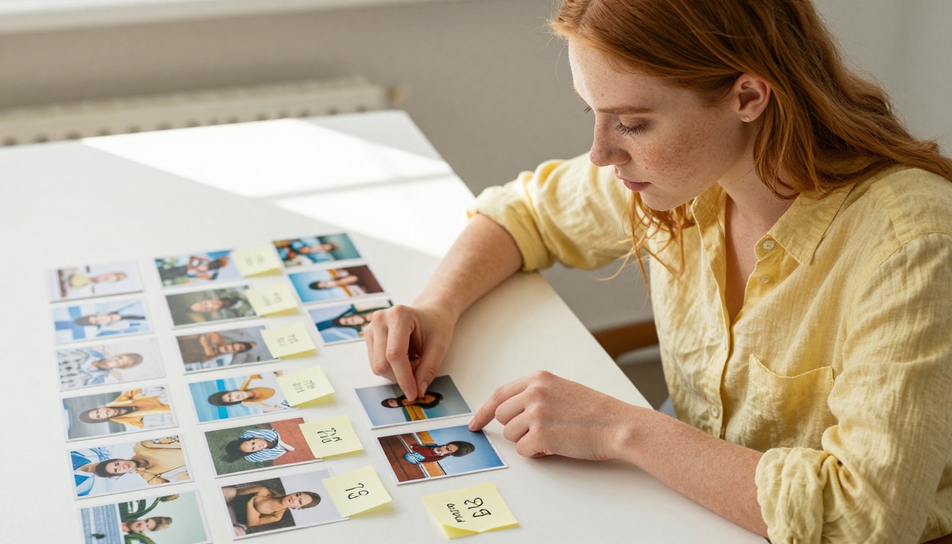 Young woman organizing printed photographs into chronological order at a bright white desk, using sticky notes as year markers Young woman organizing printed photographs into chronological order at a bright white desk, using sticky notes as year markers