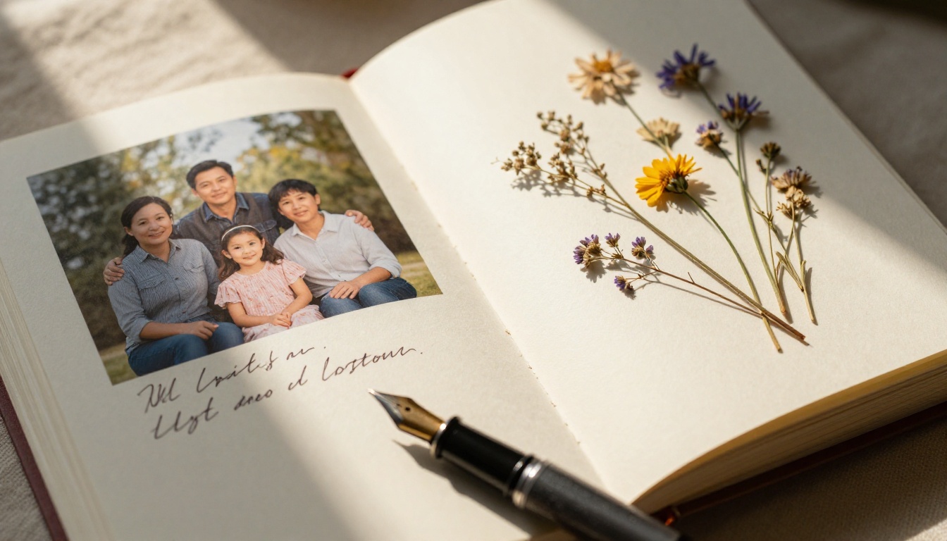 Open photo album pages with handwritten captions in flowing cursive ink and pressed wildflowers as decorative elements Open photo album pages with handwritten captions in flowing cursive ink and pressed wildflowers as decorative elements