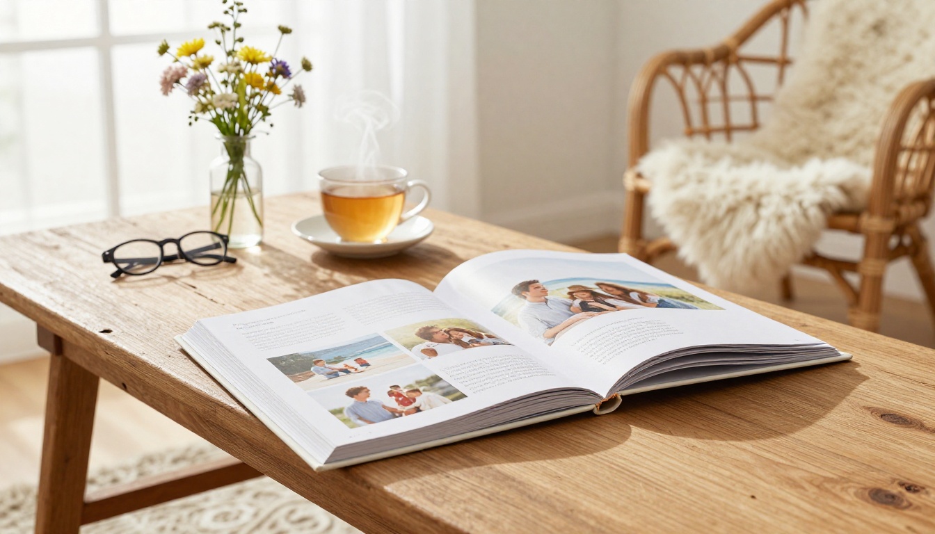 Beautiful open flipbook resting on a reclaimed wood coffee table surrounded by a vase of wildflowers and a cup of tea