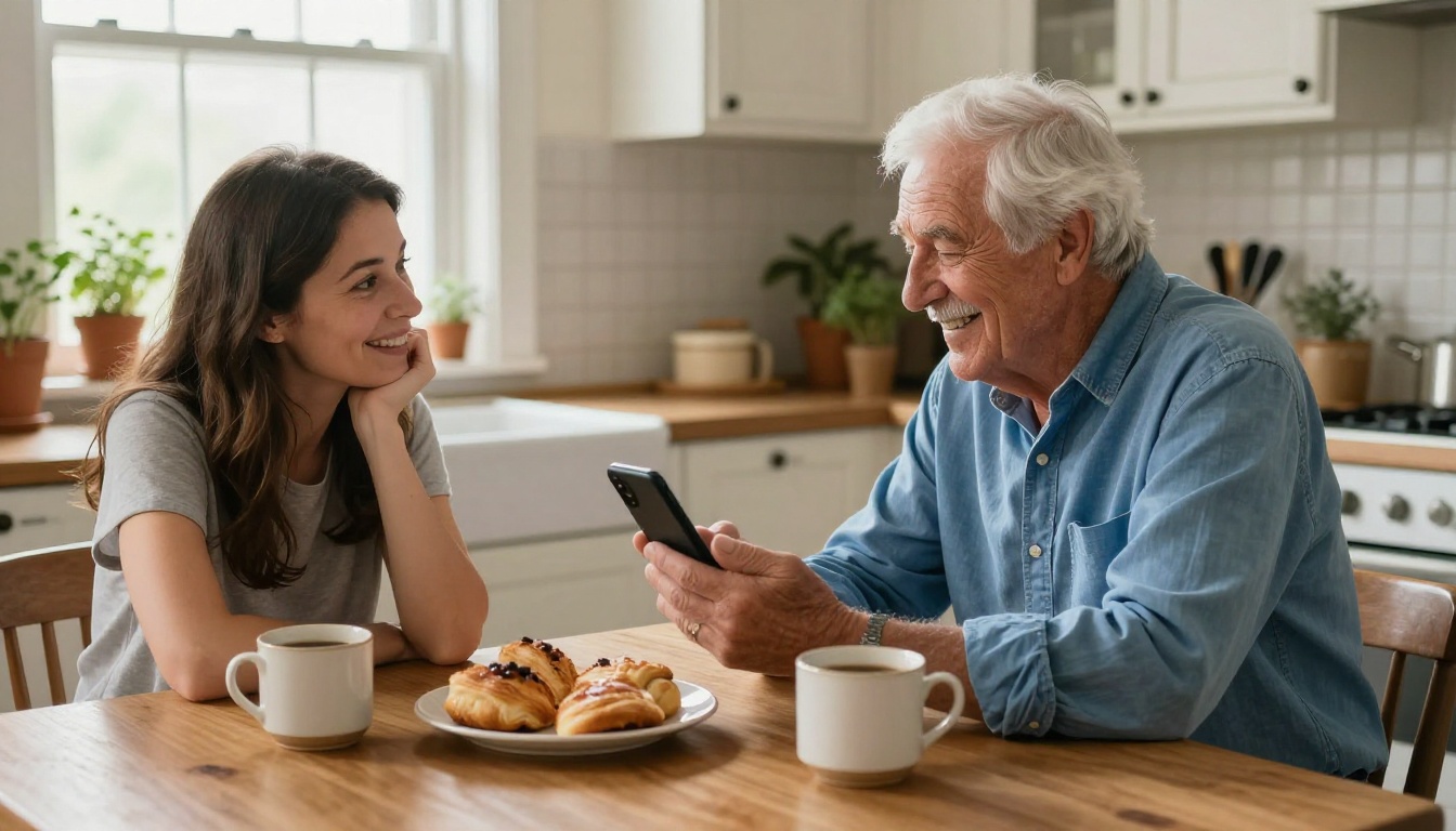Elderly man sitting at a warm kitchen table showing a photo on his smartphone to a younger woman with a delighted expression