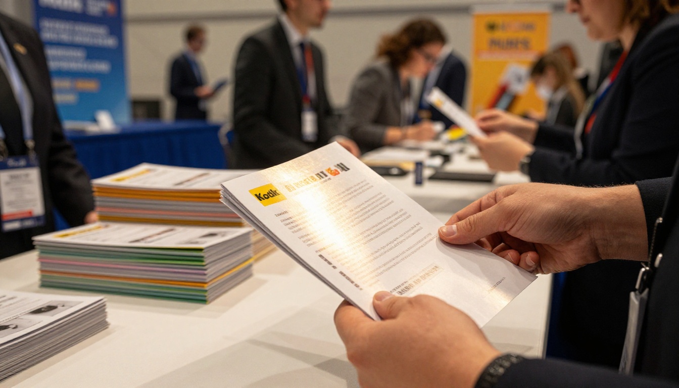 Conference registration desk with attendees receiving programs at a professional event venue