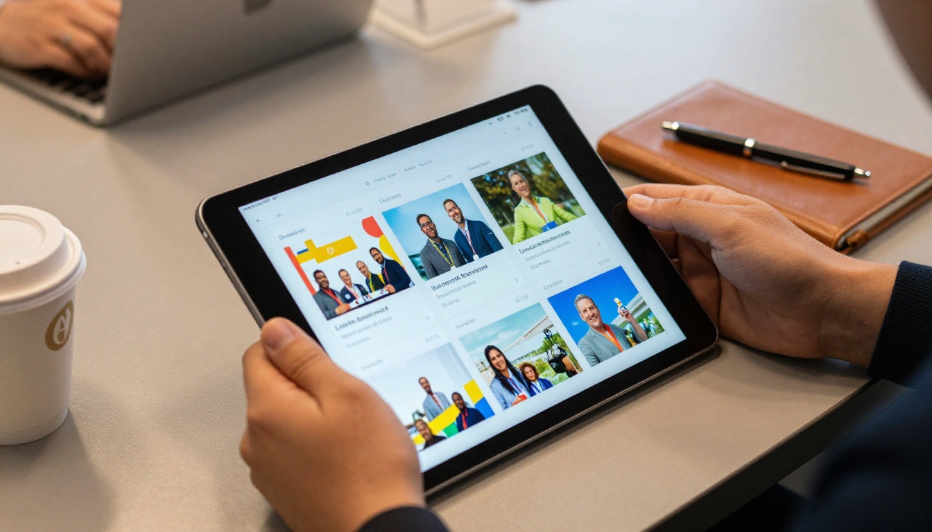 Close-up of professional hands holding a tablet showing a digital flipbook conference agenda