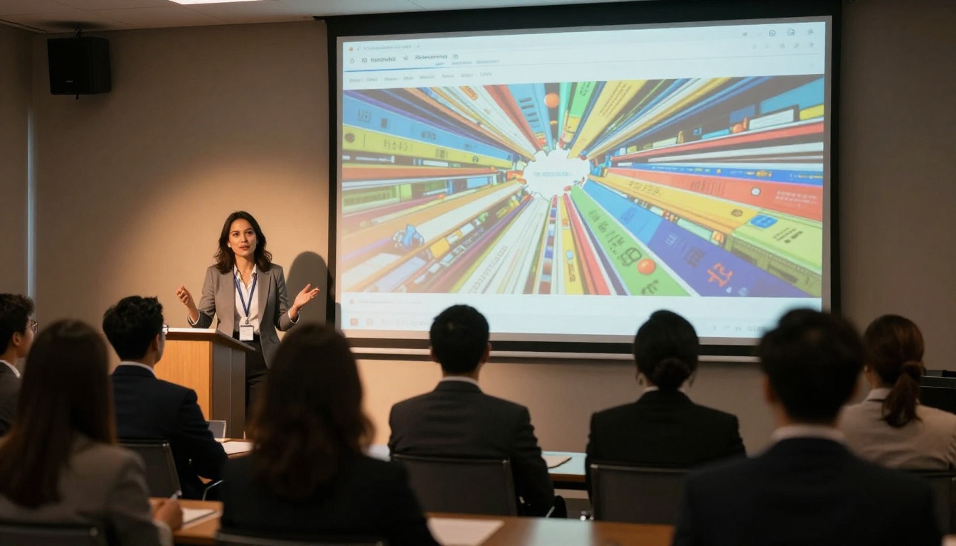 Female executive presenting at conference podium with digital flipbook displayed on large screen