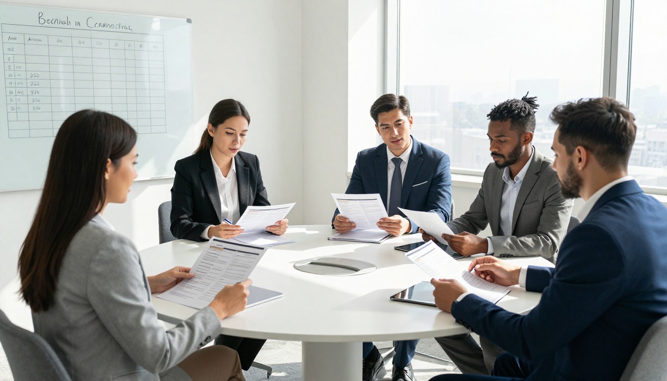 Diverse group of business professionals reviewing conference agenda together at round table