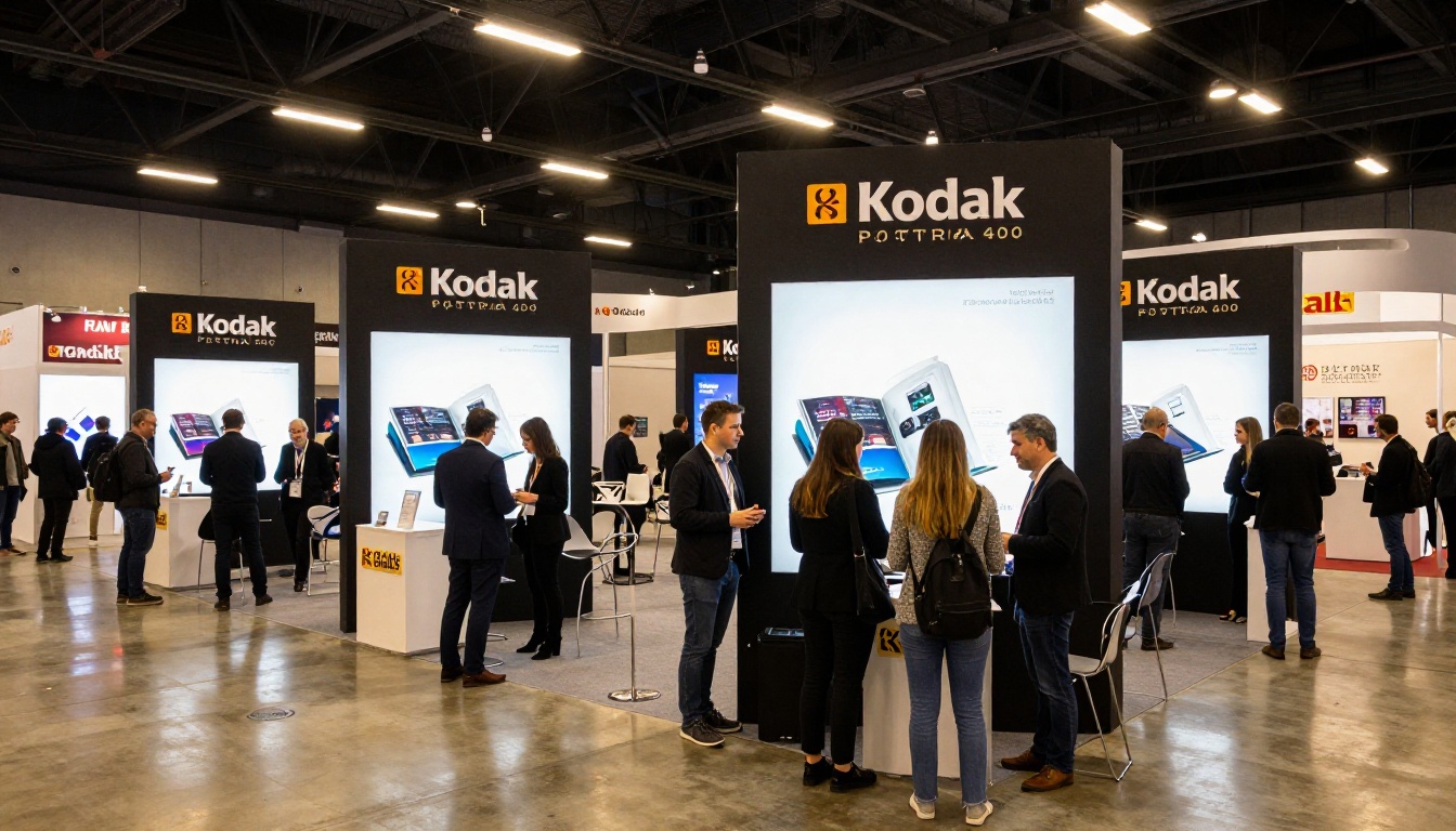Professional trade show exhibition hall with branded digital displays and engaged visitors