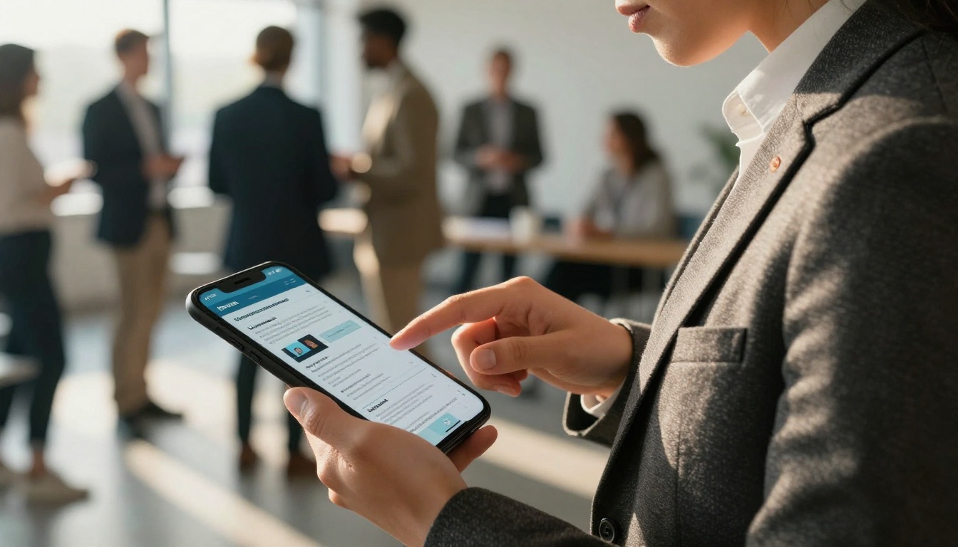 Business professional viewing digital flipbook conference program on smartphone at networking event Business professional viewing digital flipbook conference program on smartphone at networking event
