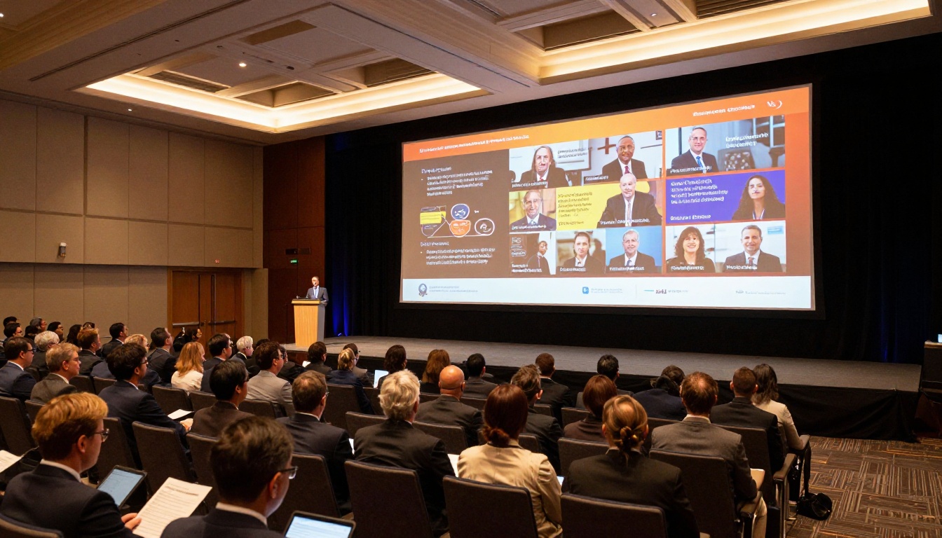 Wide shot of large corporate conference hall with hundreds of attendees and digital flipbook on projection screen Wide shot of large corporate conference hall with hundreds of attendees and digital flipbook on projection screen