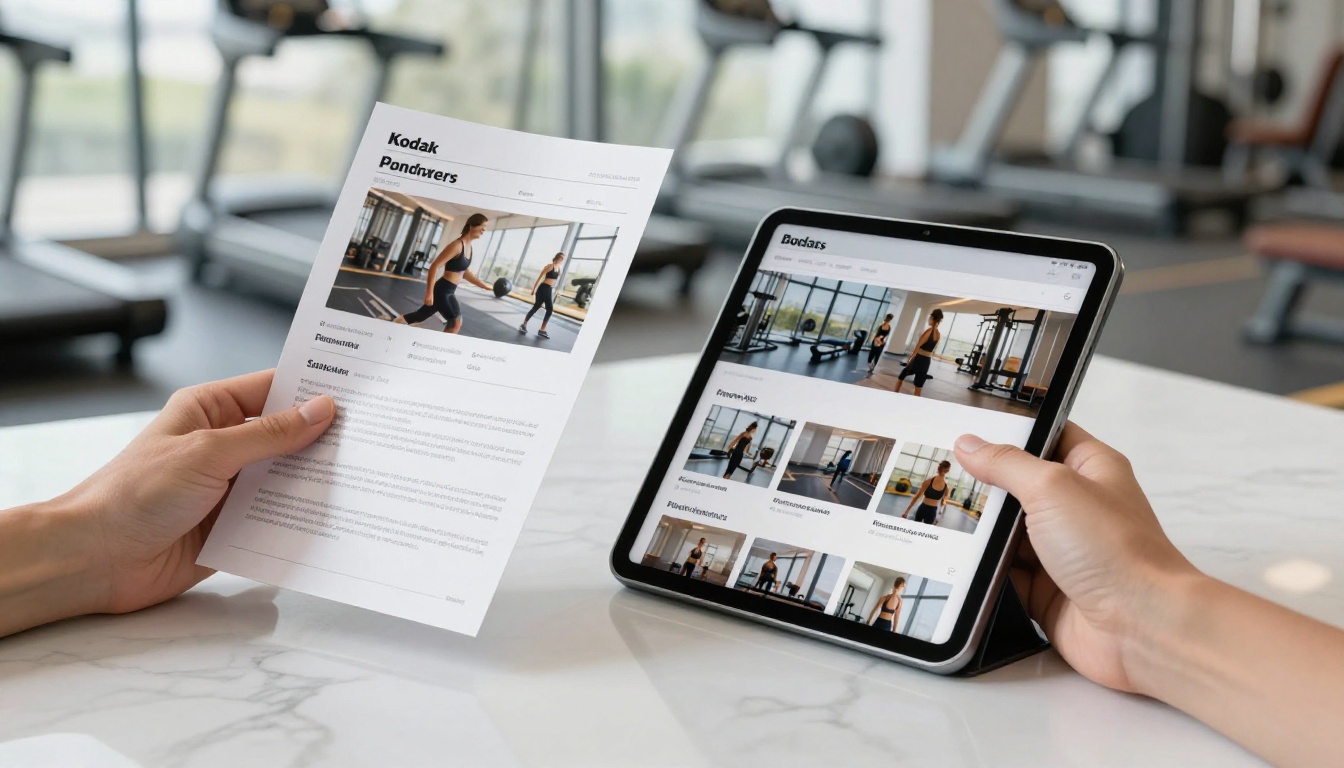 Hands holding a printed gym brochure next to a tablet displaying the same content as an interactive digital flipbook Hands holding a printed gym brochure next to a tablet displaying the same content as an interactive digital flipbook