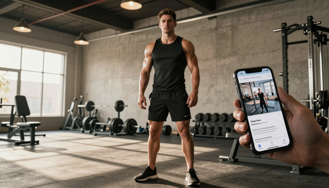A personal trainer standing confidently in a modern gym holding a smartphone displaying a digital gym flipbook brochure A personal trainer standing confidently in a modern gym holding a smartphone displaying a digital gym flipbook brochure