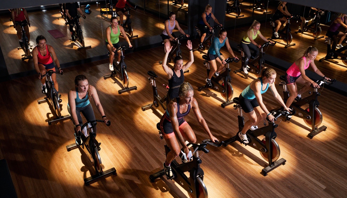 Aerial overhead view of a boutique gym spin class with cyclists in formation under warm amber studio lighting Aerial overhead view of a boutique gym spin class with cyclists in formation under warm amber studio lighting
