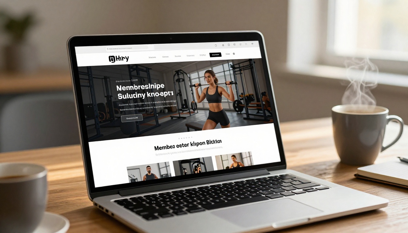 A laptop screen showing a beautifully designed gym flipbook with class schedules and membership pricing on a wooden desk A laptop screen showing a beautifully designed gym flipbook with class schedules and membership pricing on a wooden desk