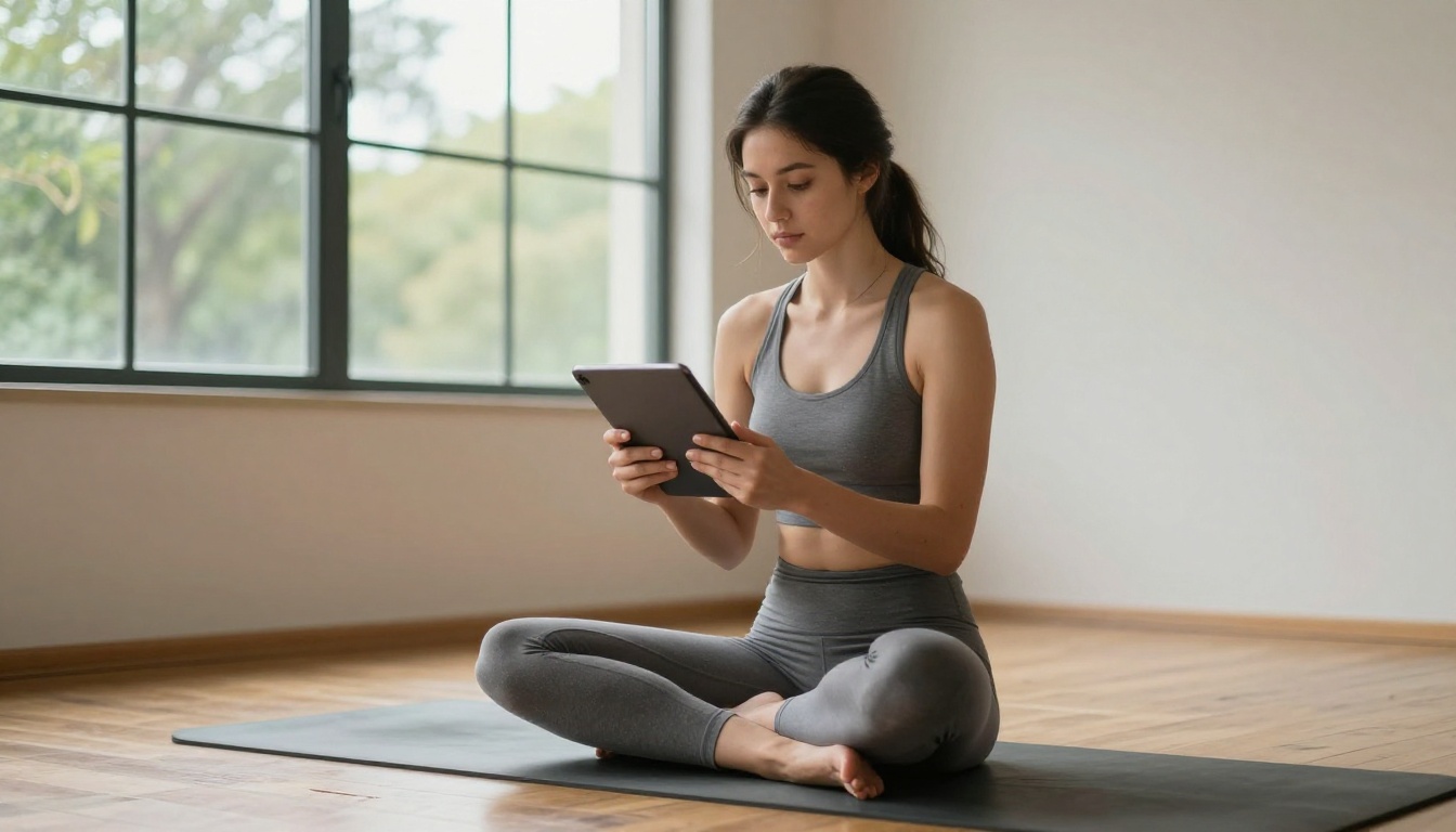 A young woman in yoga attire sitting cross-legged in a bright studio, browsing a digital gym membership flipbook on a tablet A young woman in yoga attire sitting cross-legged in a bright studio, browsing a digital gym membership flipbook on a tablet