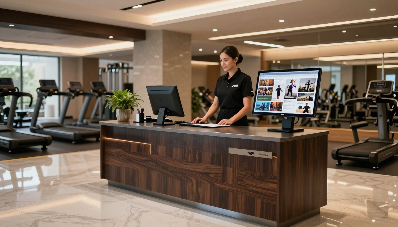 A premium modern gym reception desk with a monitor displaying a digital flipbook and a receptionist visible in the background A premium modern gym reception desk with a monitor displaying a digital flipbook and a receptionist visible in the background