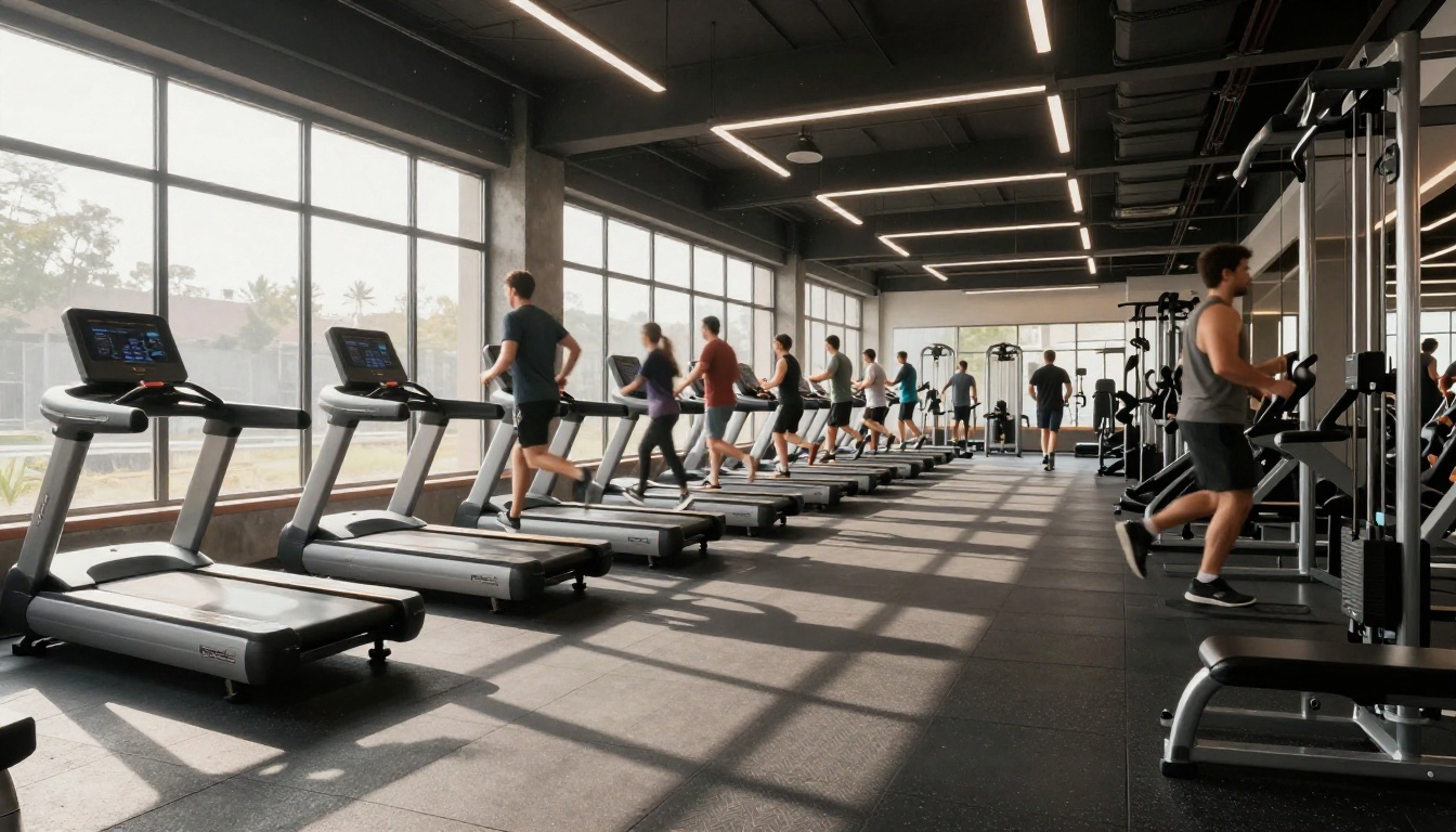 A wide-angle shot of a busy modern gym floor with members on treadmills and morning light streaming through industrial windows A wide-angle shot of a busy modern gym floor with members on treadmills and morning light streaming through industrial windows
