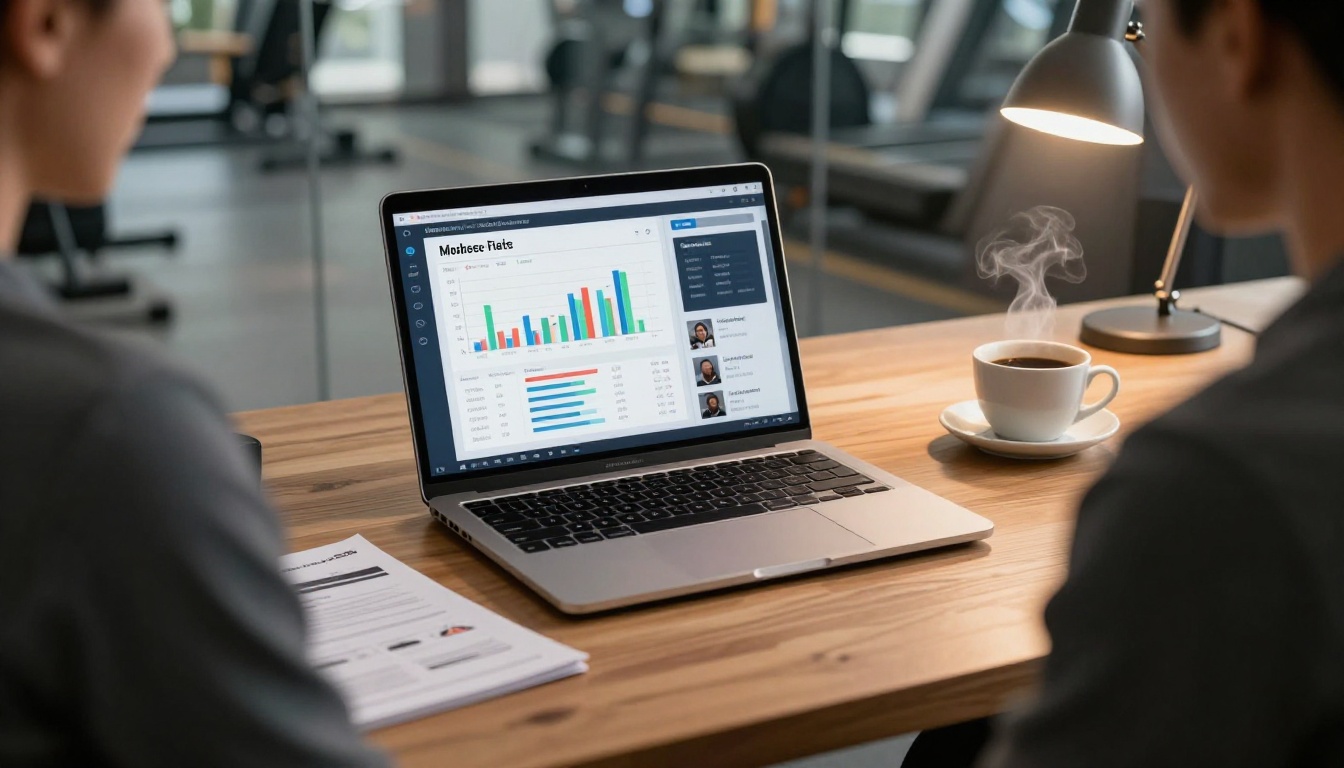 A gym business owner reviewing digital flipbook analytics on a laptop, with bar charts showing membership inquiry data A gym business owner reviewing digital flipbook analytics on a laptop, with bar charts showing membership inquiry data