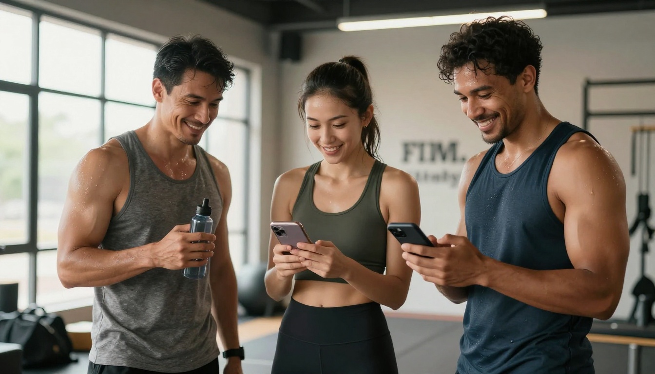 Three diverse gym members post-workout sharing a smartphone to browse a digital flipbook gym brochure together Three diverse gym members post-workout sharing a smartphone to browse a digital flipbook gym brochure together